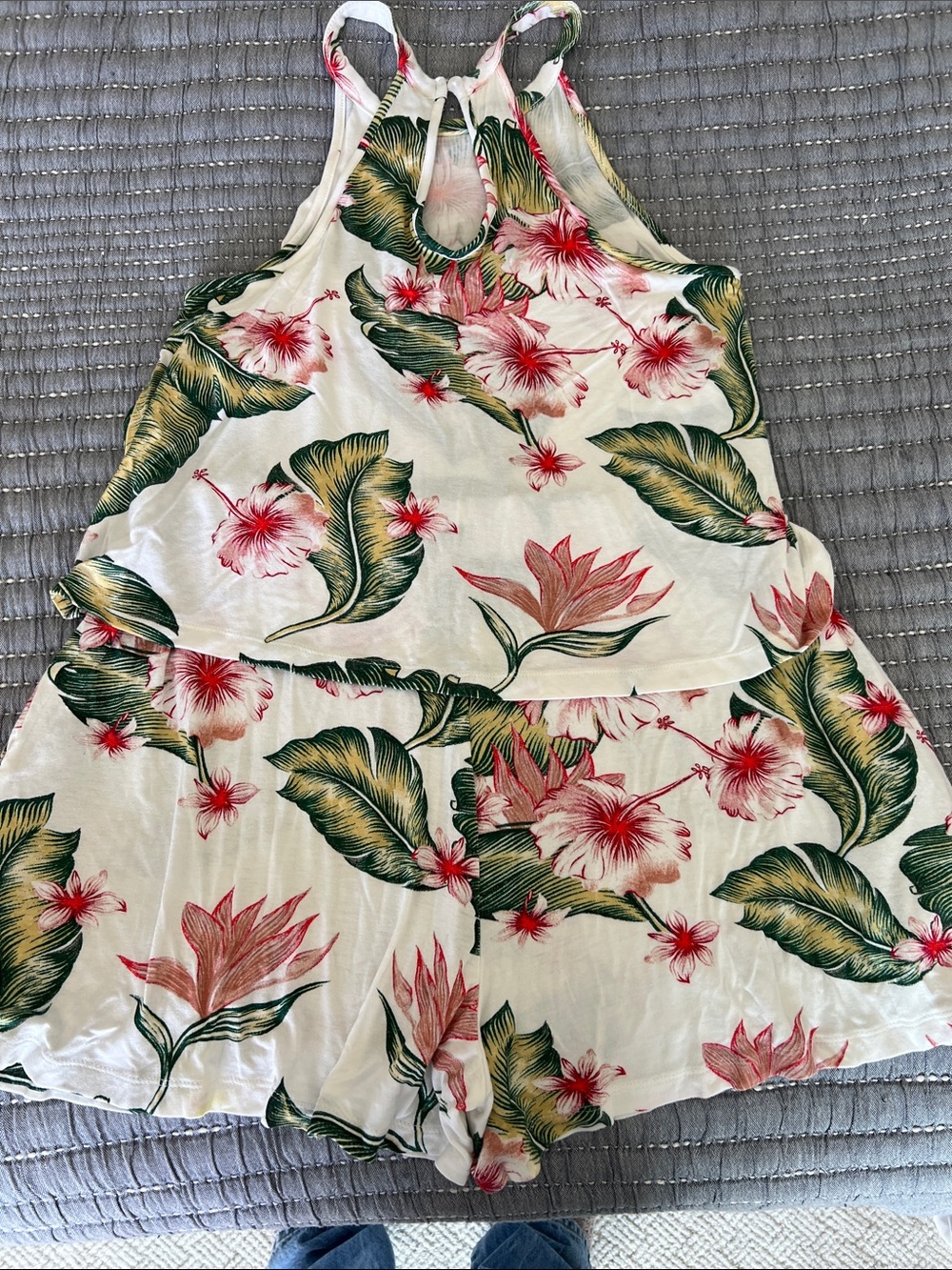 Roxy Tropical Floral Cotton Romper - White/Green/Pink